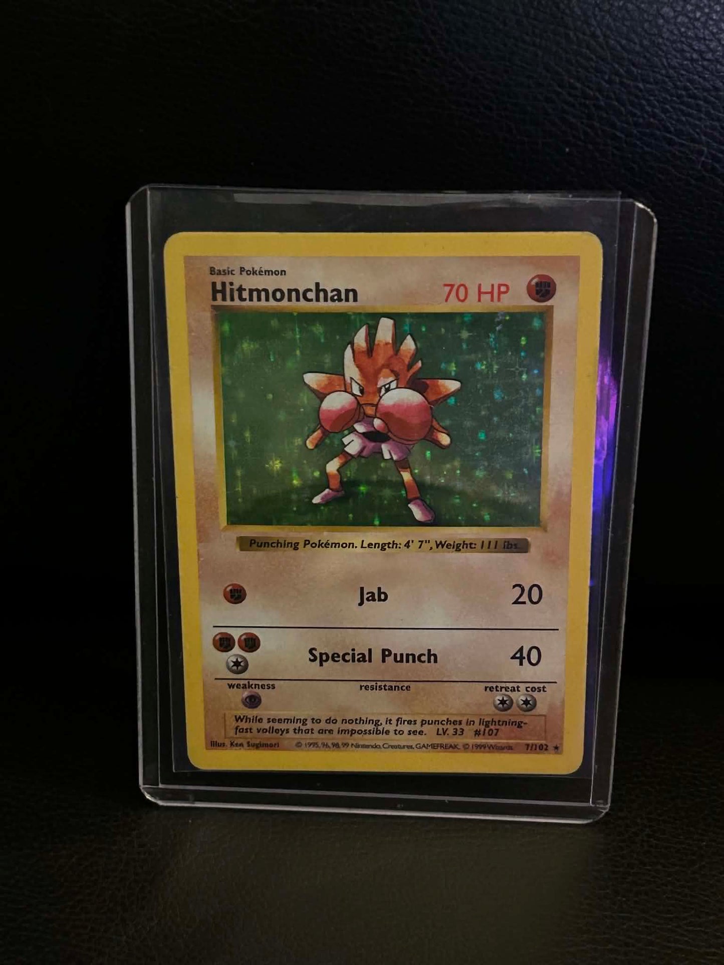 Hitmonchan 007/102 Base Set (Shadowless) Holo Rare Pokemon Unlimited Holofoil Heavily Played English Trading Card