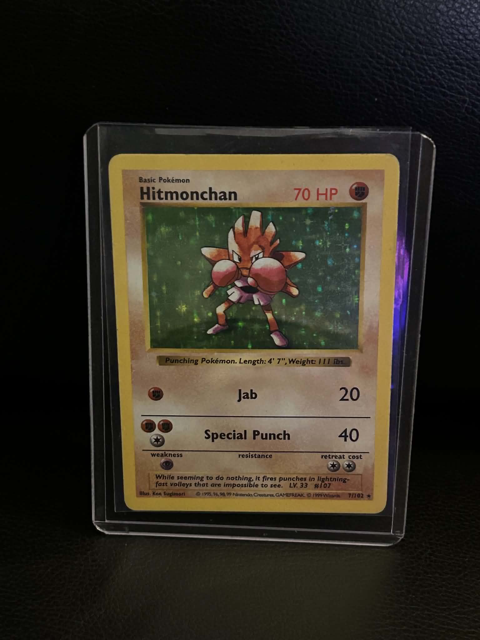 Hitmonchan 007/102 Base Set (Shadowless) Holo Rare Pokemon Unlimited Holofoil Heavily Played English Trading Card